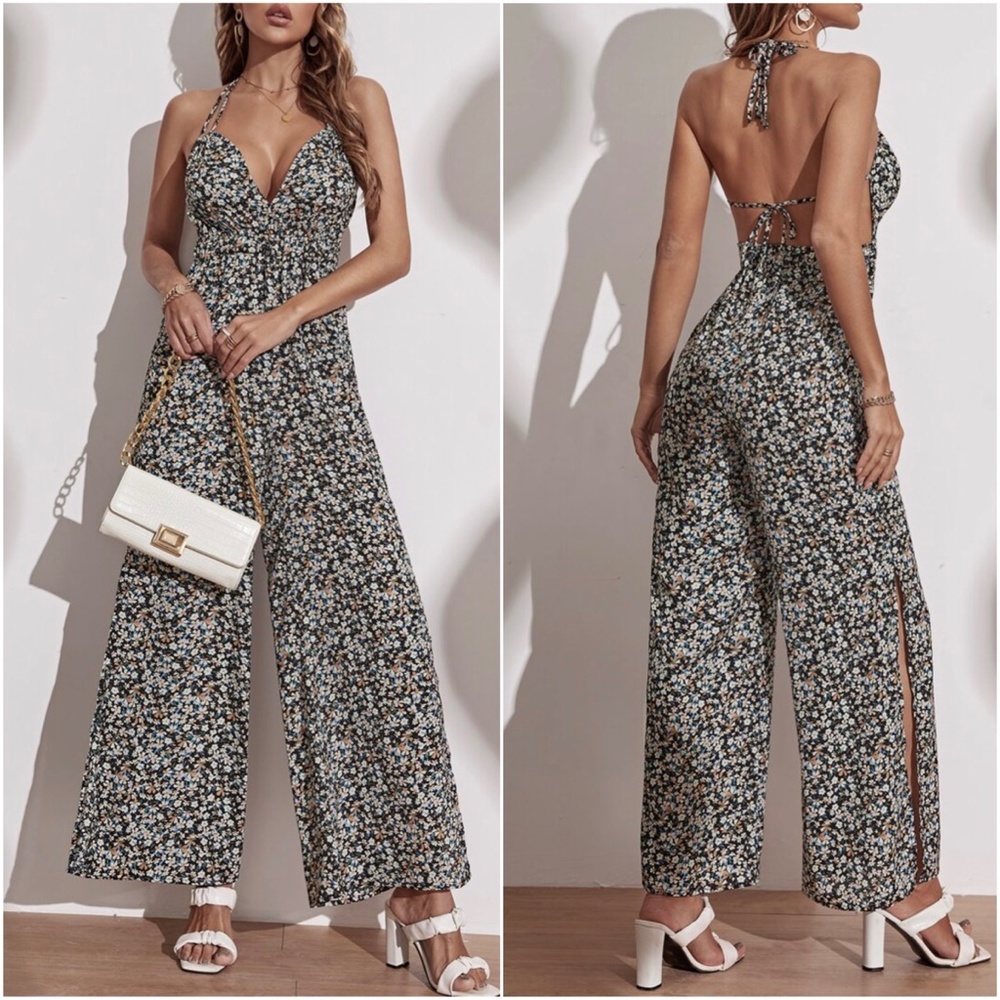 Boho Floral Print Open Back Tie Halter Jumper Jumpsuit - Picture 2 of 8